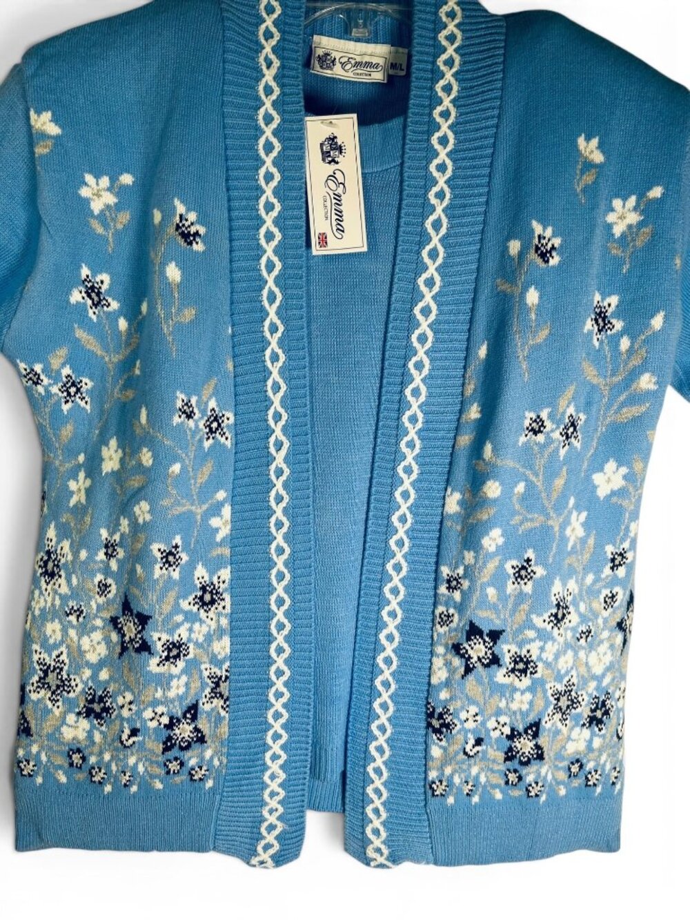 NWT Vintage Emma Collection Blue Floral Knit 2-In-1 Sweater Cardigan Combo M/L - Picture 2 of 10